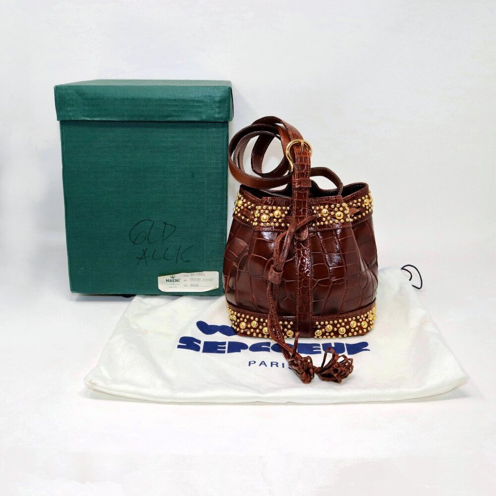 SEPCOEUR Brown Leather Bucket Bag Studded Crocodile Purse